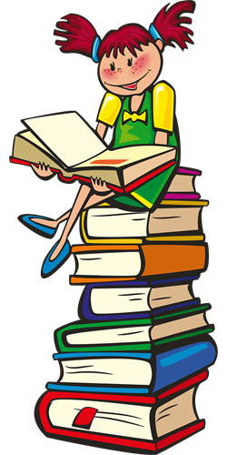 cartoon girl sitting on a stack of books reading